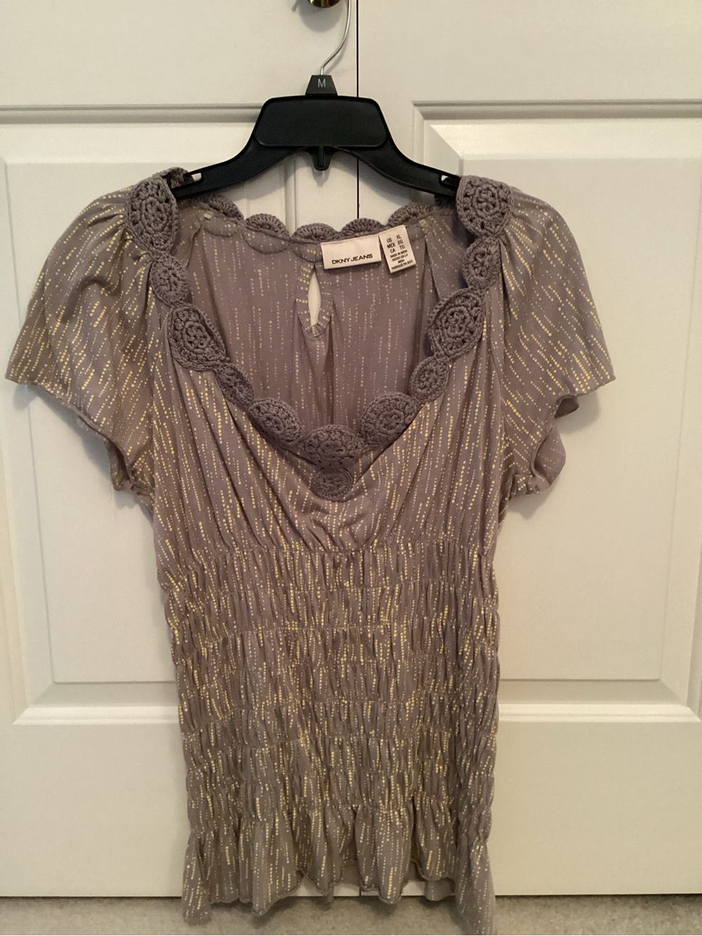 DKNY Light Gray Top with Gold Metallic Accents and Crochet Trim